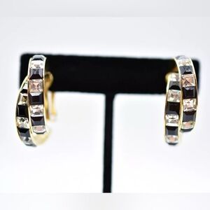 Earrings double twisted hoop clip-on / black and white clear stones / pavé hoops